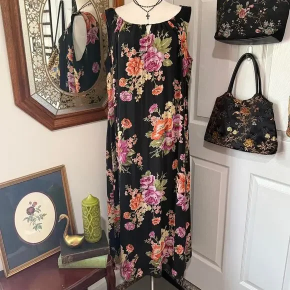 VTG Y2K Jones New York Sport Black & Multicolor Floral Silk Keyhole Maxi Dress - Picture 3 of 8
